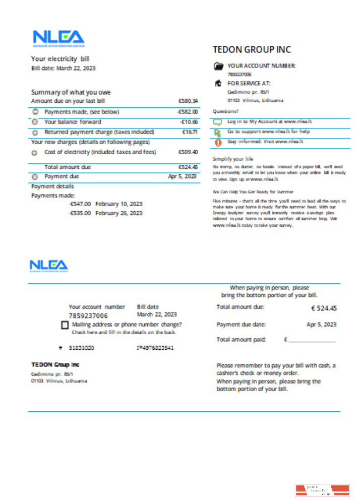 National Lithuanian Energy Association utility business bill,  SCR PSD template